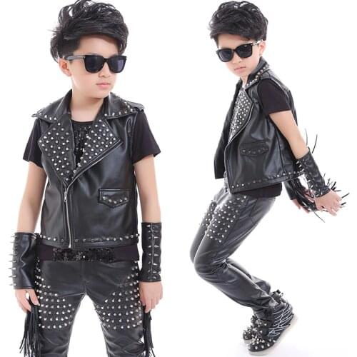 Boys Jazz Dance Costumes Performance Clothes Nailed Leather Pants Jacket Children Chorus Modern Dance Clothes Stage Outfits