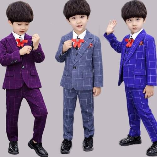 Formal Childrens 3PCS Suit Set Flower Boy Wedding Party Performance Costume Kids Plaid Blazer Vest Pants Clothing Sets