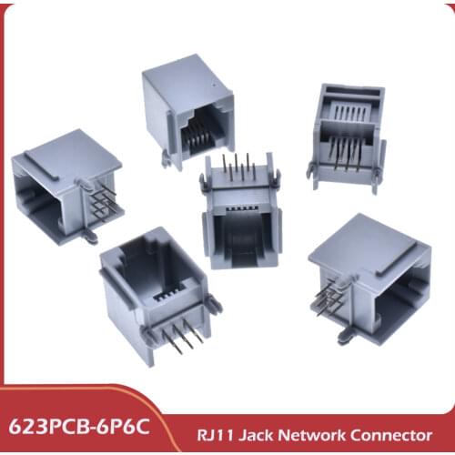 100PCS RJ11 Gray 6P6C RJ11 Phone Jack 90 degree 6-pin crystal head female socket Connector 623PCB-6P6C