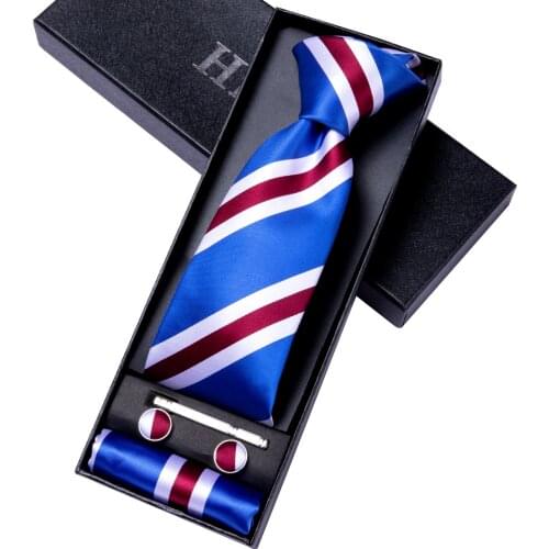 Hi-Tie Luxury Mens Tie Blue Striped Business Silk Set Gift For Men Necktie For Men Fashion Hanky Cufflinks Set High Quality