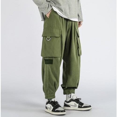 Spring Brand New Overalls Mens All-match Casual Simple Loose Straight-leg Casual Pants Big Pockets Cotton Drawstring Trousers
