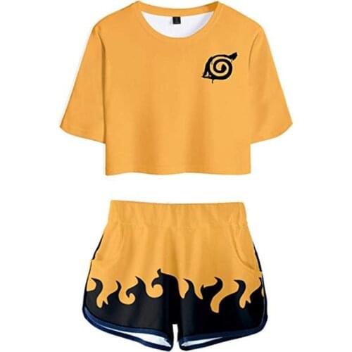 Cosplay Costumes Halloween Naruto 2 Piece Uchiha Outfits for Women Short Sleeve Crop Top and Short Pants Sets