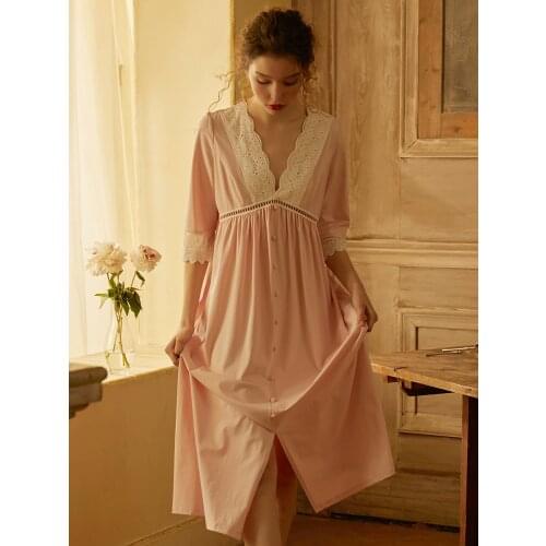 Nightgowns Woman Vintage Style Womens Sleepwear Dress Summer Short Sleeve Pink White Cotton Nightdress