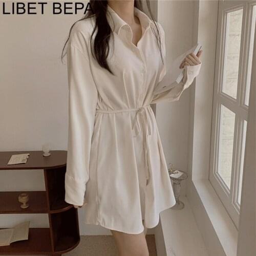 2021 New Women Spring Summer Shirt Dresses Fashionable Elegant High Waist Vintage Korean Style Lady Lace Up Mini Dress DR3262