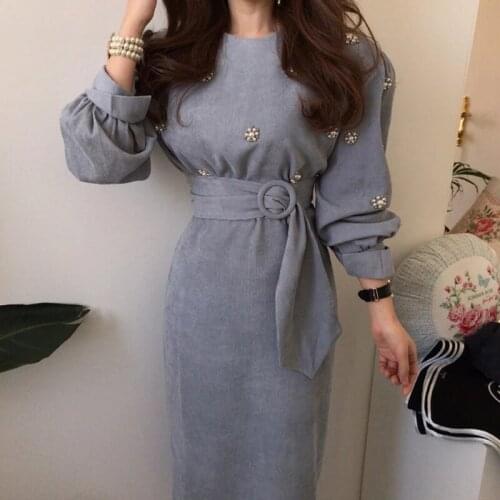 New Fashion Women Elegant O-neck Beading Puff Sleeve Dress Female Vestidos High Waist Sashes Solid Long Dresses