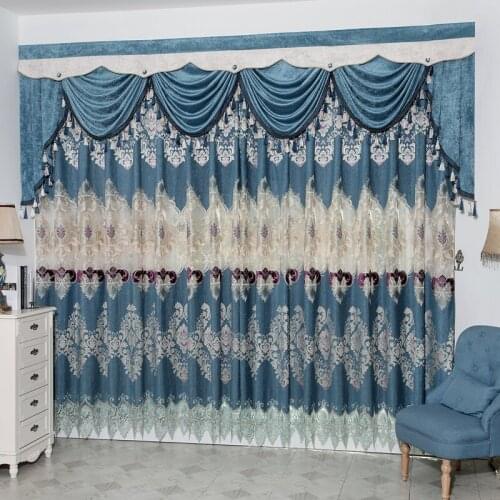 Custom curtains luxury high class Chenille upscale European blue embroidery thicken cloth blackout curtain tulle valance N237