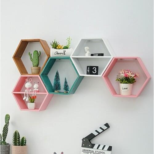 Nordic Style Wooden Decor Wall Mount Hexagonal Frame Books Toys Flower Pot Storage Shelf Holder Figurines Display Crafts Shelves