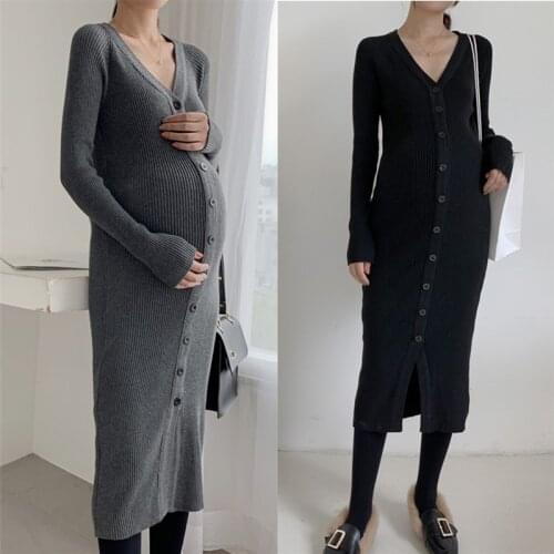 Knitted Maternity Dresses V Collar Pregnancy Dress Long Sleeve Sweater with Bottom Pregnancy Clothes Autumn Clothes for Women