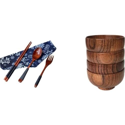 Japanese Vintage Wooden Chopsticks Spoon Fork Tableware with Jujube Japanese-Style Wooden Bowl Wooden Rice Bowl