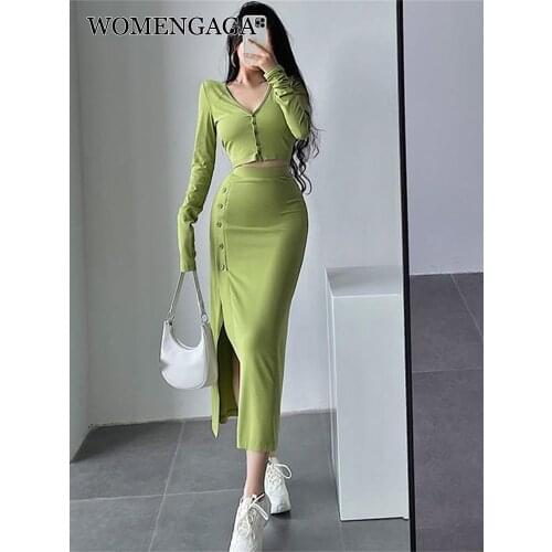 WOMENGAGA Sexy V-neck Slim Buttons Skinny Long Sleeve Cardigan T-shirt High Waist Skinny Hip Knitting Long Dress Maxi Korean J2V