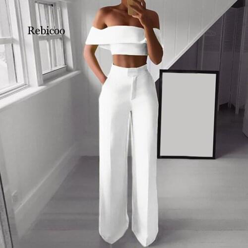 Rebicoo Womens Sets Autumn Womens Sets Solid Cold Shoulder long pant Shirt Button Zipper Wide Leg Pant Suit