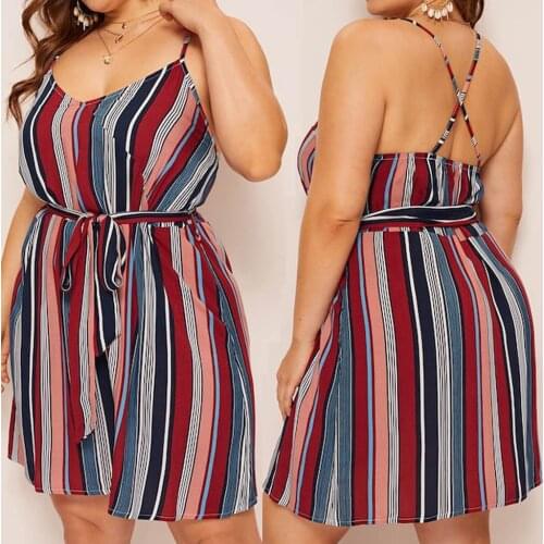 Fashion Women Elegant Plus Size Dresses Stripe Print Camis Dress Women Spring Summer V-neck Sleeveless Bandage Sundress Xl-5xl