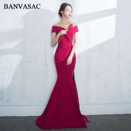 BANVASAC 2018 V Neck Sexy Split Mermaid Long Evening Dresses Vintage Short Sleeve Party Sweep Train Prom Gowns