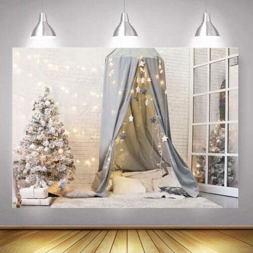 Winter Indoor Camping Backdrop Christmas Photocall White Brick Wall Christmas Trees Window Background Carpet Gifts Light Stars