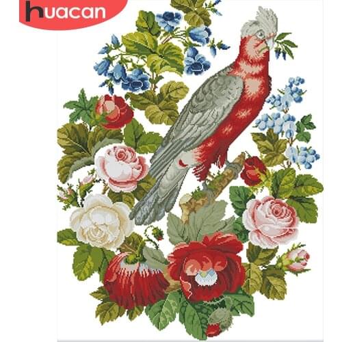 HUACAN Cross Stitch Parrot Flower Patterns 11CT 14CT Chinese Embroidery Animal Thread Sets White Canvas Needlework Handicrafts