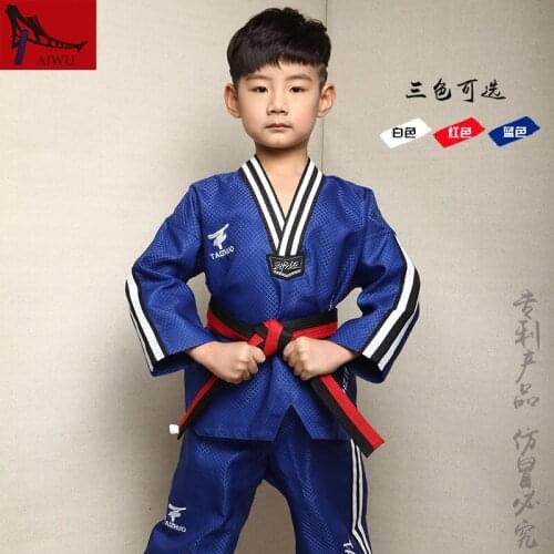 Hot Sale WTF Tae Kwon Do Dobok Clothes Child ITF Taekwondo Uniform Size XXXS-M Red Blue White With Stripes Design