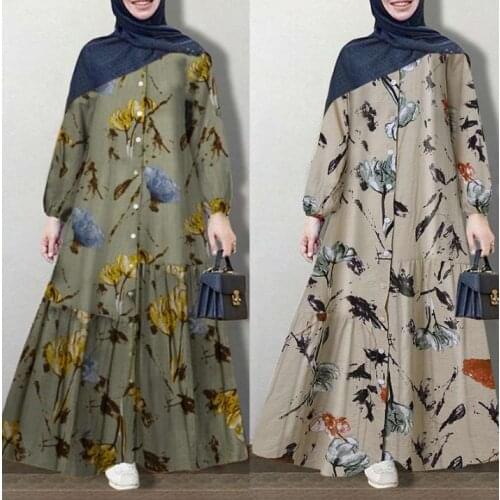 Muslim Women Long Dress Buttons Print Floral Big Hem Long Sleeve Dubai Mid East Turkey Robe Vestidos Abayas Hijab Caftan Summer