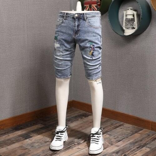 Men Parrot Embroidery Ripped Denim Shorts Summer Streetwear Casual Mens Light Blue Slim Fit Short Jeans