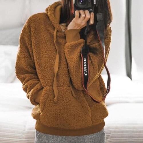 Hitmebox 2019 Autumn Winter Ladies Warm Fuzzy Hooded Coat Faux Fur Puffy Drawstring Fleece Hoodies Sweater Sherpa Outwear Pocket