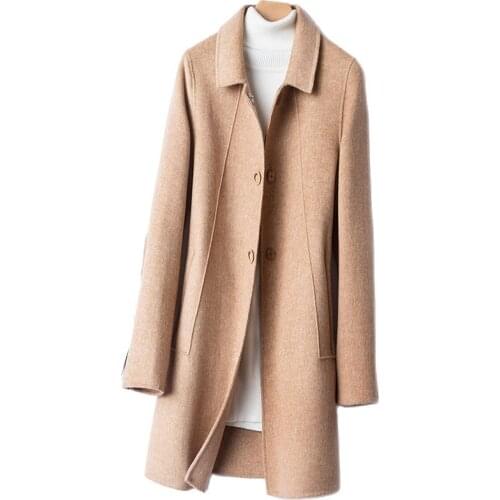 2021 Autumn Winter New Twill Double-Sided Wool Coat Womens Mid-Length High-End Slim Suit Over-The-Knee Pure Wool Woolen Coat