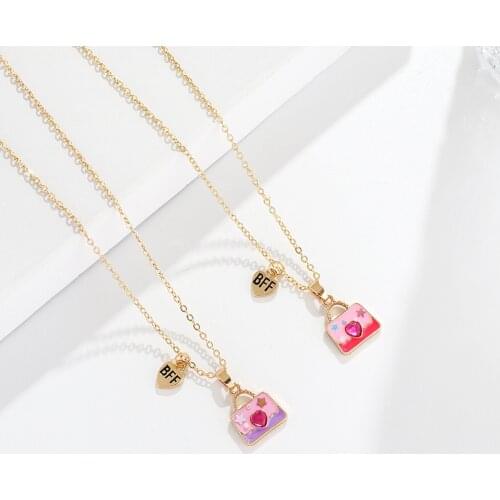 Gojomem Children Bag Shape with Love Heart Artificial Gem Pendant Necklace For Good Friends Birthday Present Cute Necklaces Sets