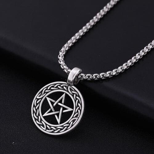 Skyrim Pentagram Jewish Religious Paganism Amulet Pendant Necklace Wicca Men Vintage Stainless Steel Chain Necklaces Jewelry