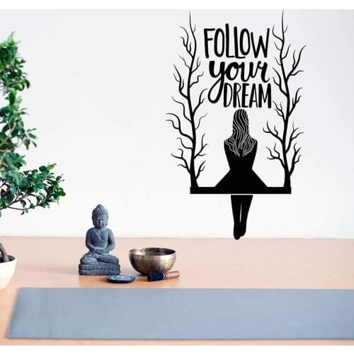 Follow Your Dream Wall Decal Quotes Lettering Girl on the Tree Branch Swing Vinyl Window Stickers Art Bedroom Home Mural M541