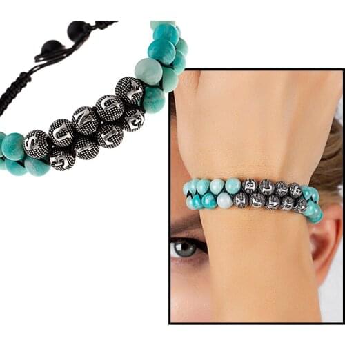 Tesbihane 925 Sterling Silver Personalized Name Written Double Row Macrame Braided Amazonit Natural Stone Bracelet