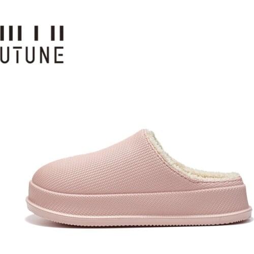 UTUNE Winter Women Slippers Waterproof Indoor shoes Warm Thick sole Mules Men House shoes Platform Shoes Outside Anti-slip Plush