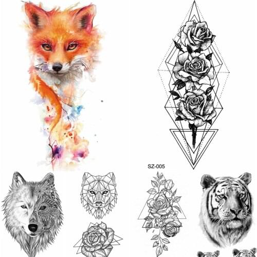 Watercolor Fox Temporary Tattoo Women Arm Art Stickers Girls Neck Geometric Flower Fake Tatoos Men Small Lion Waterproof Tattoo