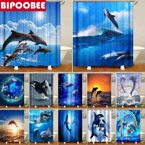 Sunlight Ocean Sea Animal Dolphin Fish Waterproof Shower Curtain Bathroom Curtains Sea Scenery Bath Screen Bathroom Decor