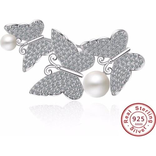 Luxury Butterfly Pearl CZ Crystal 925 sterling silver Brooches for Women Wedding Suit-coat Insect Broches Pins Party Jewelry