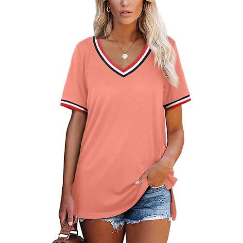 Summer Solid Color Short Sleeve Striped Sexy V-neck T-shirt Casual Loose Slit Ladies Streetwear Tee Shirt Femme