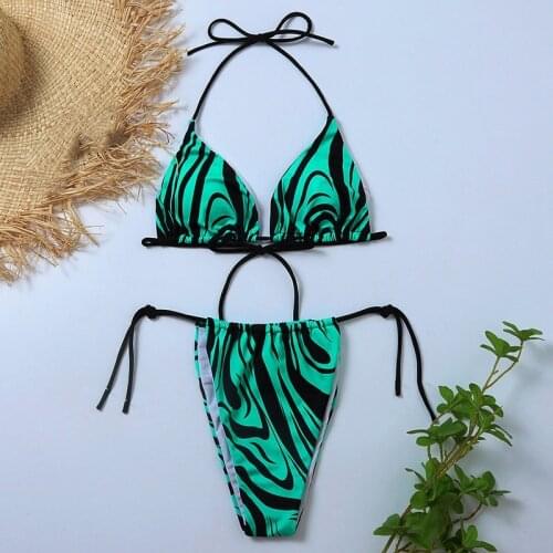 Womens Tie Side Bathing Suit Zebra Striped Halter Bikini Swimsuit