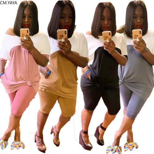 CM.YAYA Sport Women Patchwork Two Piece Set Off Shoulder Tee Tops Shorts Jogger Sweatpants Suit Tracksuit Matching Set Outfit