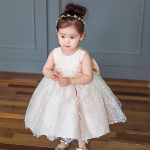 Champagne Lace Baby Flower Christening Gown Baptism Clothes Newborn Kids Girls Birthday Princess Infant Party Dresses Costume