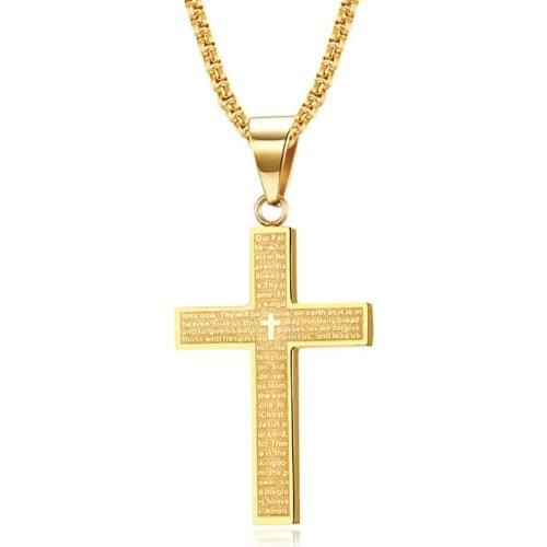 Stainless Steel Gold Christ Religious Bible Verse Cross Pendant Necklace Fashion Men Church God Gift For Him with Chain