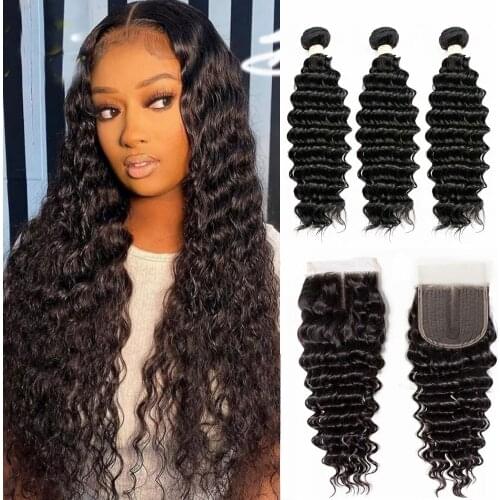 Crissel Brazilian Hair Deep Wave Bundles with Closure Human Hair Weave 3 Bundles With 4x1 Lace Closure Middle T Part Remy Hair