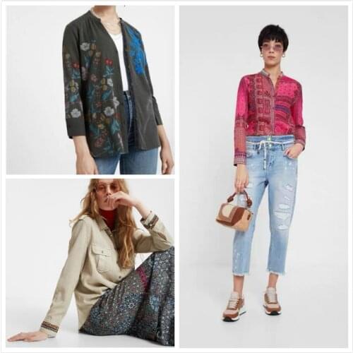 2020 DESIGUAL Spanish style original single hand painted print v-neck blouse