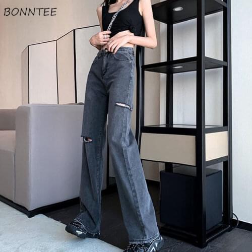 Jeans Women New High Waist Full Length Loose Straight Hollow Out Denim Trousers All Match Ripped Fashion Leisure Chic Daily Hot