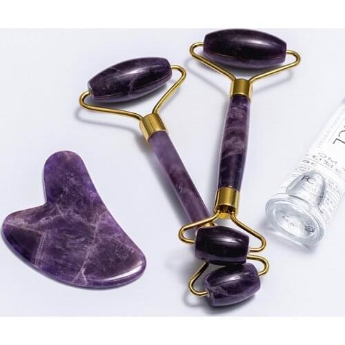 High Quality Amethyst Quartz Facial Massage Beauty Tool Jade Roller and Gua Sha Set