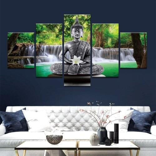 Buddha Statue Nature Buddhism Poster Canvas Art 5 Panels Painting Wall Art Pictures for Living Room Home Decor