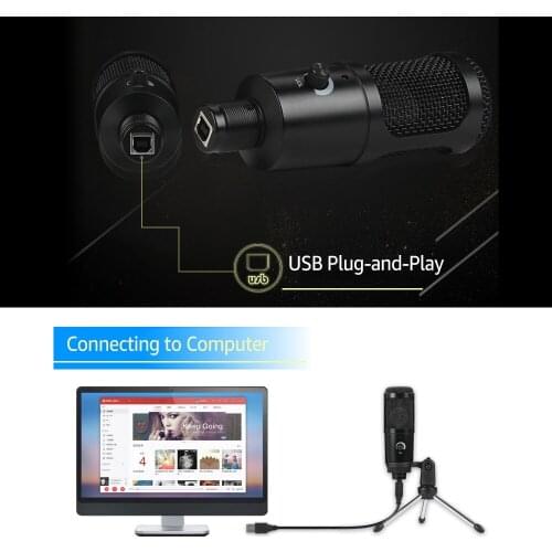 USB Plug-and-Play Condenser Dynamic Microphone Mic with Mini Tripod Stand for PC Laptop Games Playing Music Recording Online