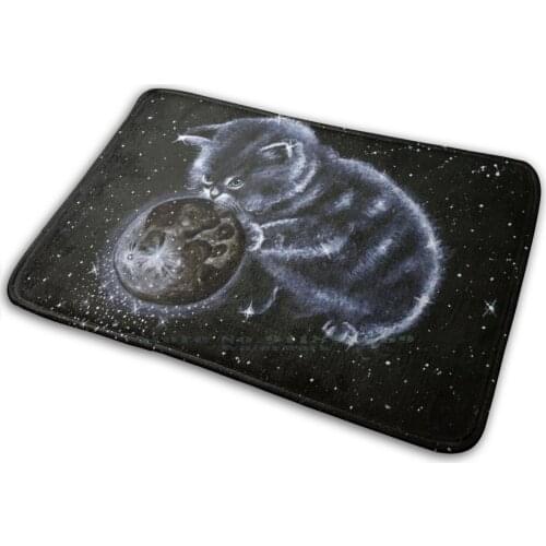 Space Cat Mat Rug Carpet Anti-Slip Bedroom Entrance Door Mat Kitty Kitten Cat Baby Moon Full Moon Space Stars Milky Way Galaxy