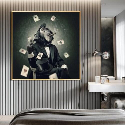 Smoking Monkey Canvas Paintings on The Wall Cool Animals Ape Playing Cards Posters and Prints Wall Pictures for Home Decoration