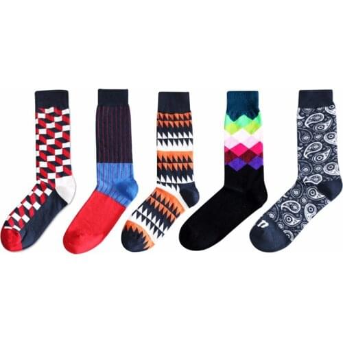 Men Colored Geometric Patterns Cotton Socks Art Jacquard Hit Color Happy Socks High Quality Cotton Business Leisure Men Socks