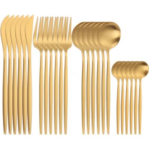 Gold Stainless Steel Cutlery Set Matte Tableware 24 Pieces Golden Dinnerware Set Spoon Fork Knife Dinner Set Kitchen Tableware