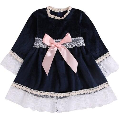 2019 New Spring Casual Baby Girls Lace Bow Princess Dress Cotton Kids Toddler Long Sleeve Sundress
