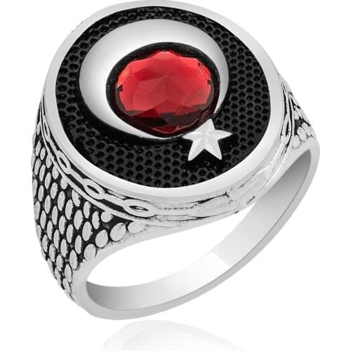 New 925 Silver Turkey Turkish Flag Crescent Star Ring for Male Original Hot Rings Antique Pattern Vintage Jewelry Accessories