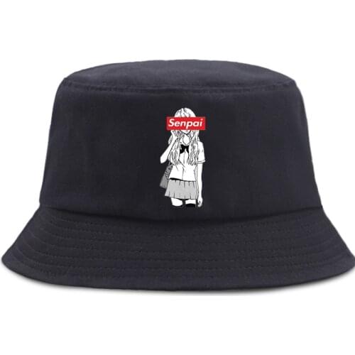 Senpai Anime Girl Funny Bucket Hats Unisex Cotton Fishermans Hat Sunscreen Beach Panama Cap Foldable Street Fishing Sun Caps